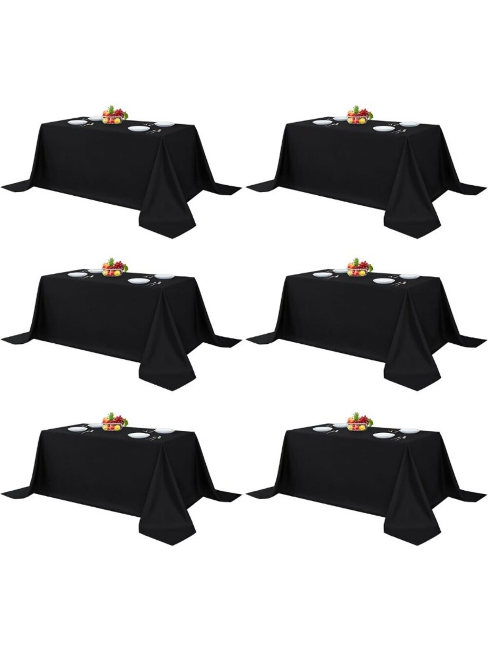 6 Pack Black Tablecloths 90x132 Inch for Rectangle Tables - Elegant Event Decor